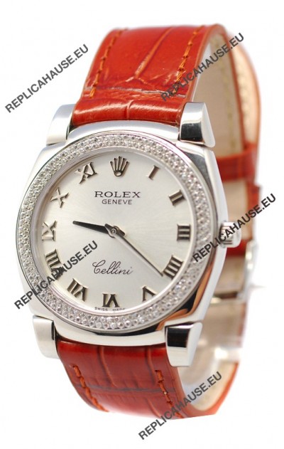 Rolex Cellini Cestello Ladies Swiss Watch Roman Silver Face Diamonds Bezel