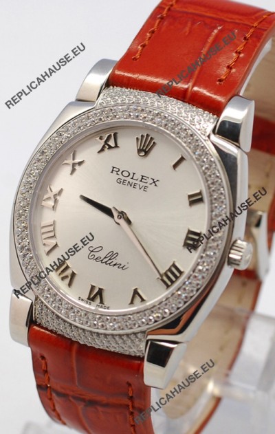 Rolex Cellini Cestello Ladies Swiss Watch in Silver Face Diamonds Bezel and Lugs