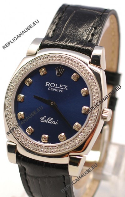 Rolex Cellini Cestello Ladies Swiss Watch in Dark Blue Face and Diamond Bezel